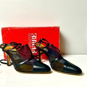 Gianfranco Ferre Black Mesh & Leather Lace-Up Heels EU 37.5 Made in Italy